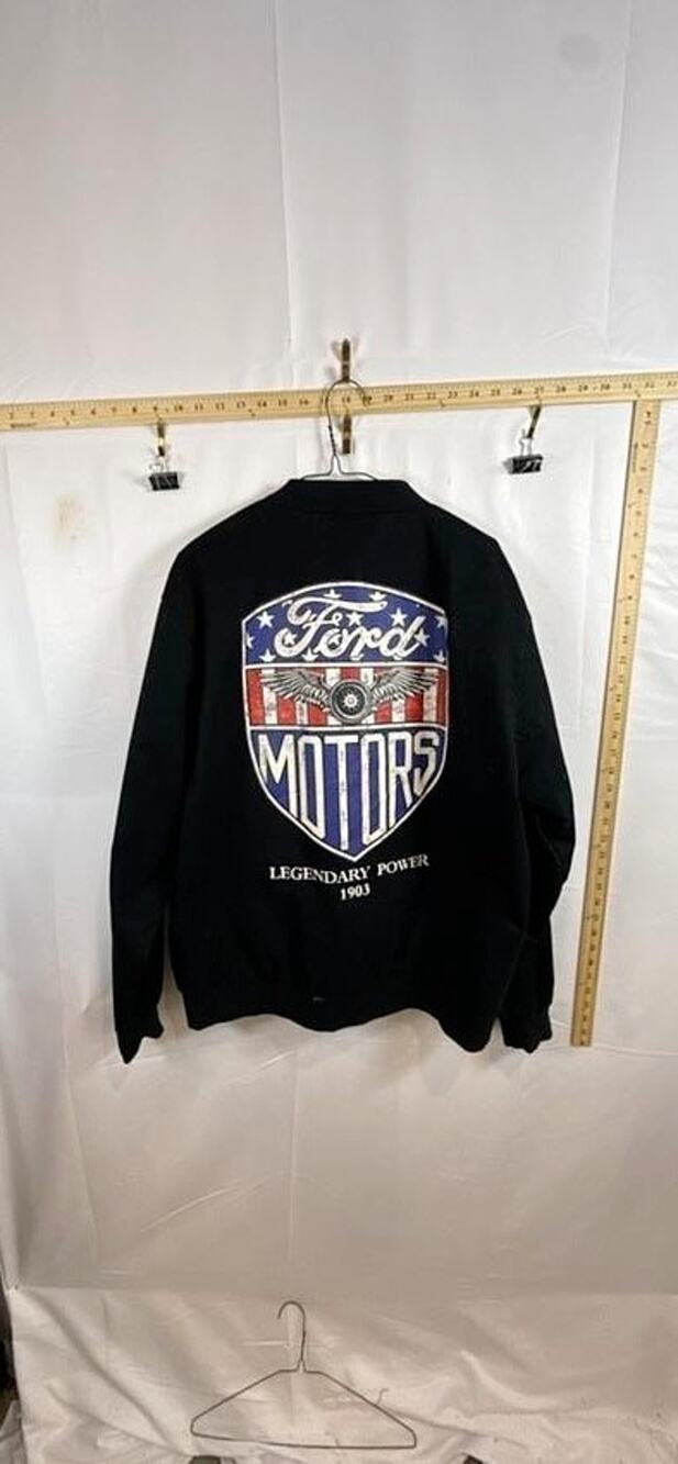 Ford Motors Road Trip Racing Jacket Mens L Black Blue Chevron Canvas Legendary
